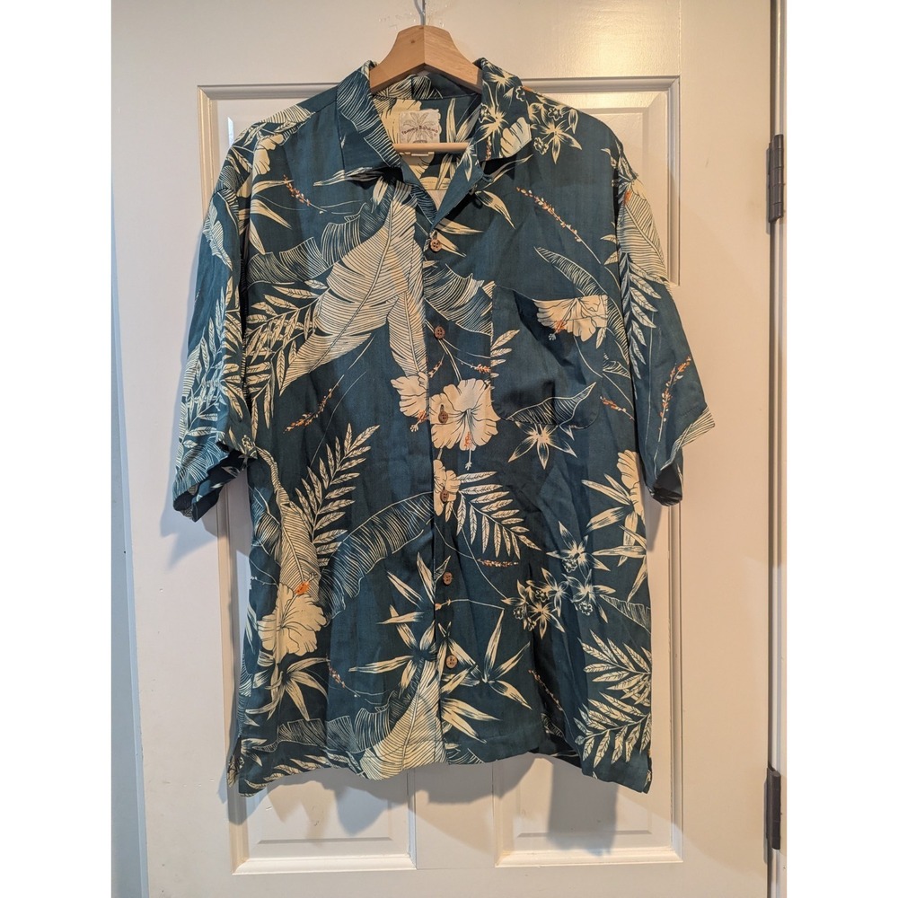 Vintage Tommy Bahama Camp Shirt Mens Size M Teal Palm 100% Silk Hawaiian